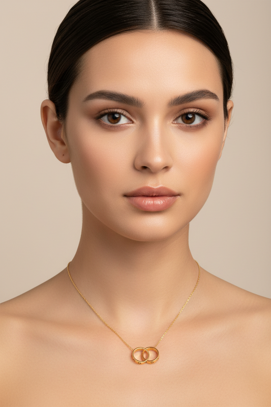18K Yellow Gold Necklace with Two interlocking Rings together