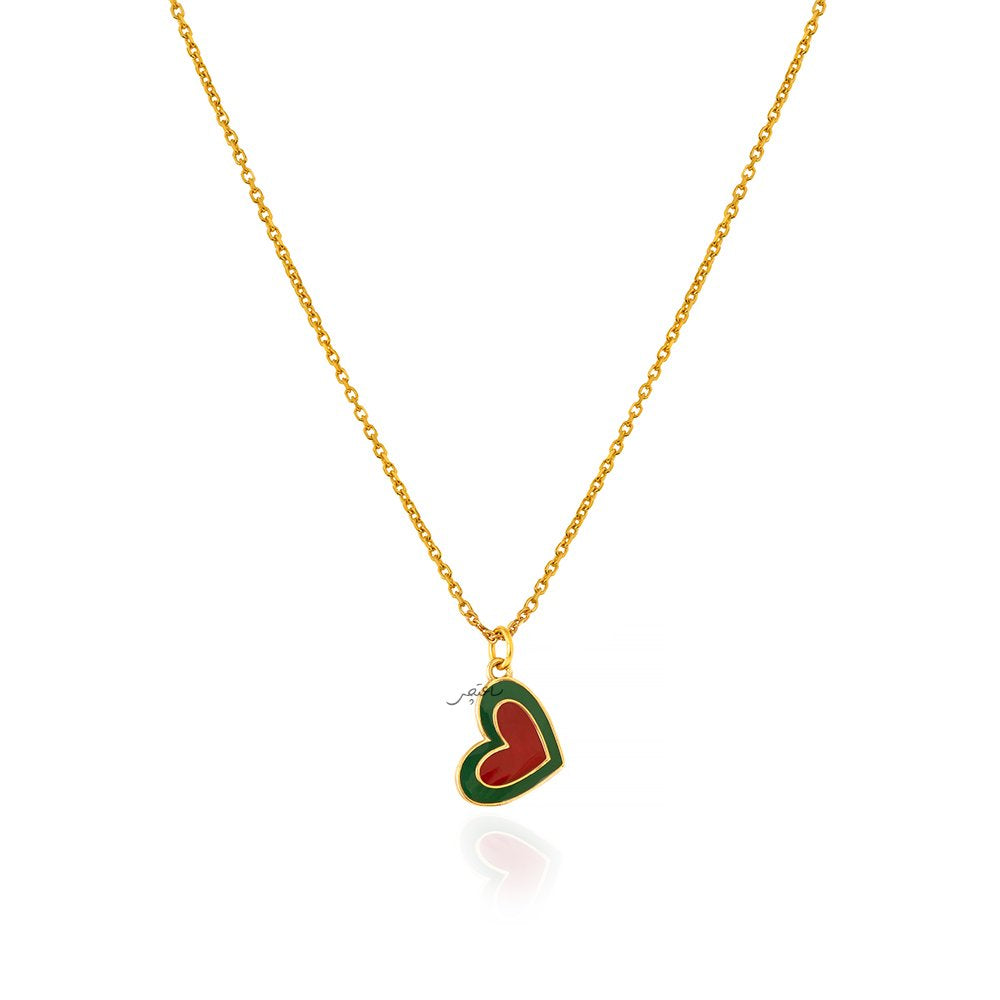 Yellow gold heart necklace green and red enamel 18k 1.88gr