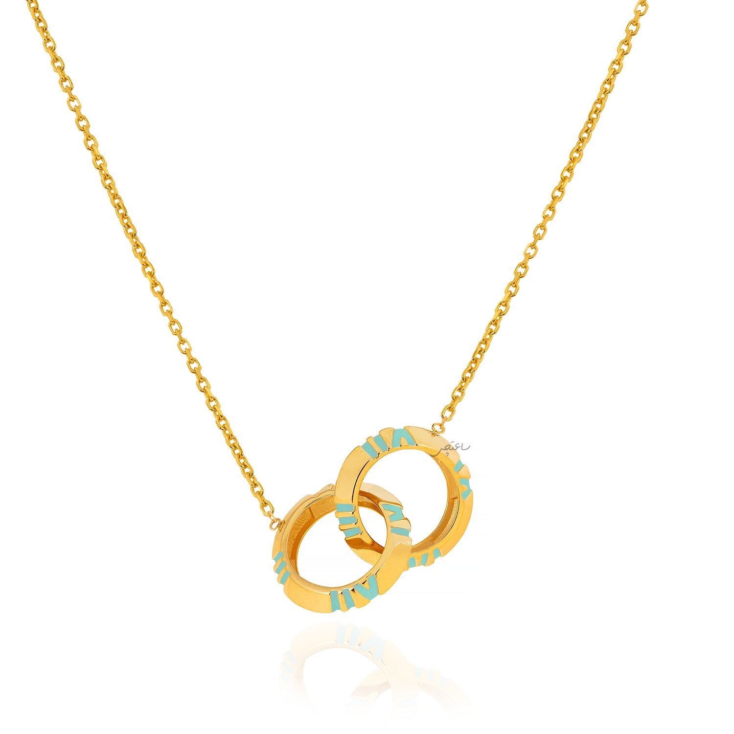 Yellow Gold necklace with two ring together  engraved with blue enamel 18k 6.4gr