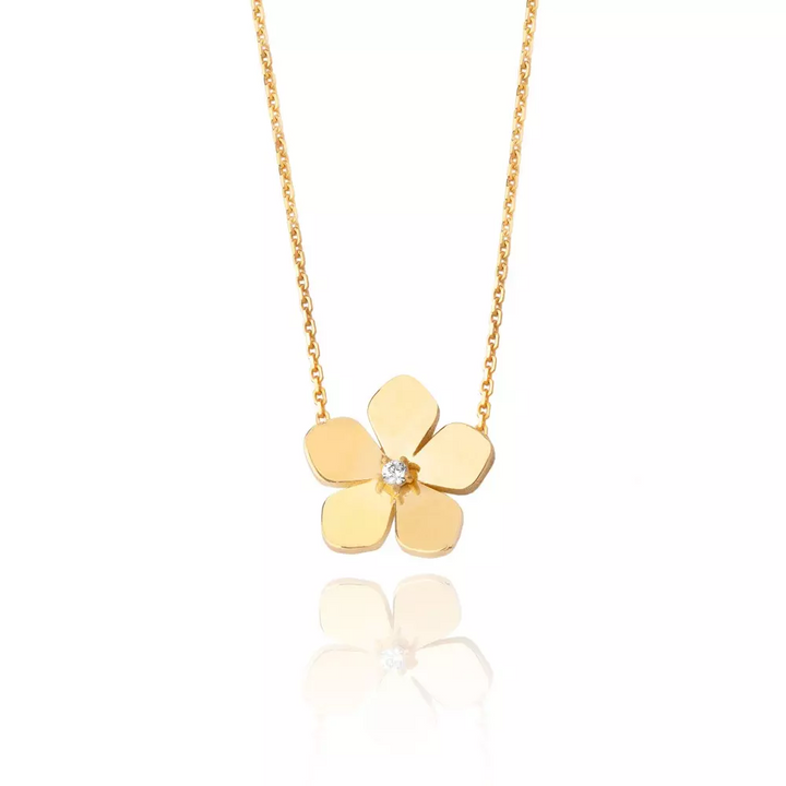 18K Yellow Gold Flower Necklace with one Cubic Zirconia setting 4.14gr