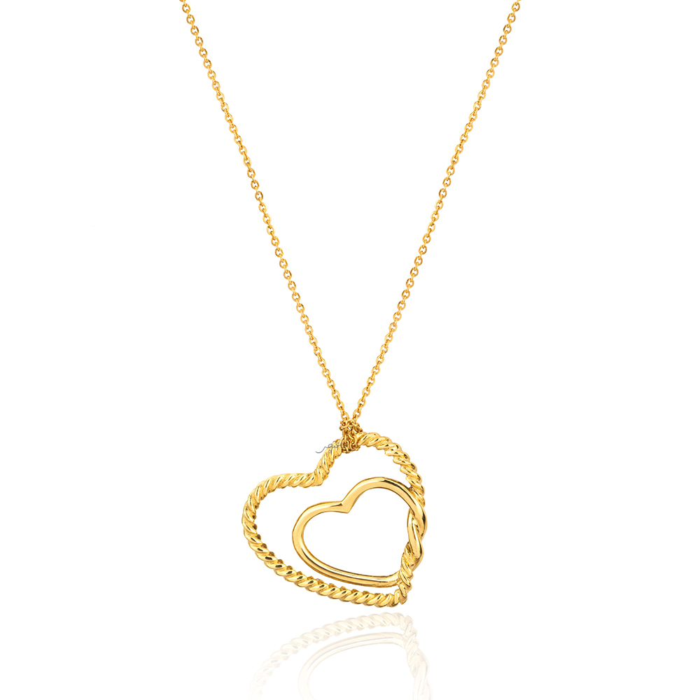 Yellow Gold  Two Hearts togther with chain, 16 1/2 to 18 Inches Adjustable, 18k, 4.66gr