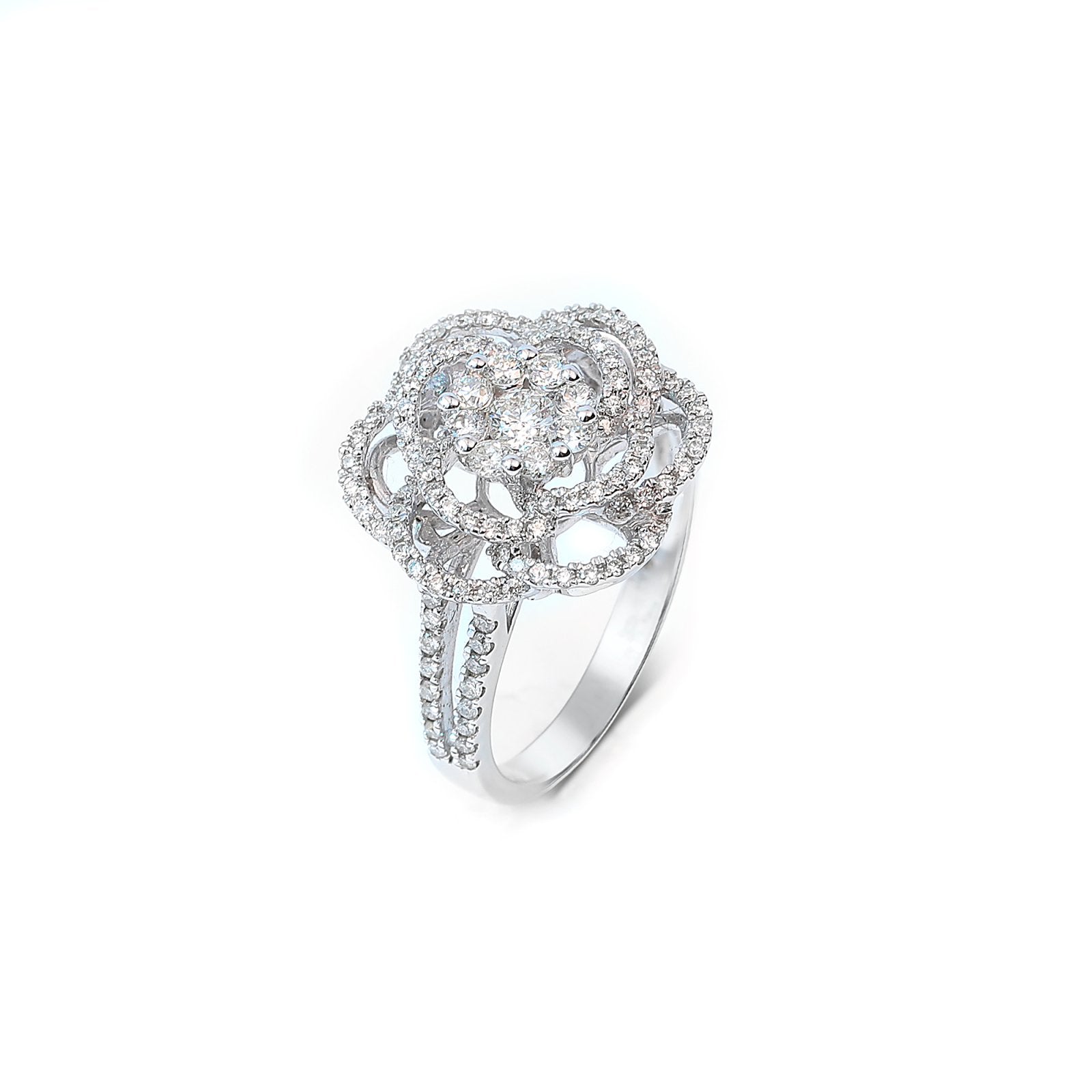 White Gold Flower Style Diamond Ring 130 Round Diamonds TCW: 0.78ct VS GH 18k 4.6gr