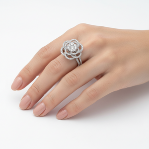 White Gold Flower Style Diamond Ring 130 Round Diamonds , 18k, TCW: 0.78ct VS GH