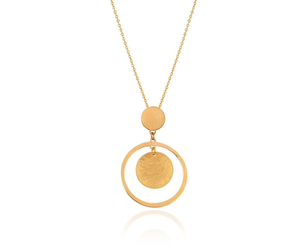 Yellow gold necklace with a circle and a round disc dangling in center 18k 4.57gr