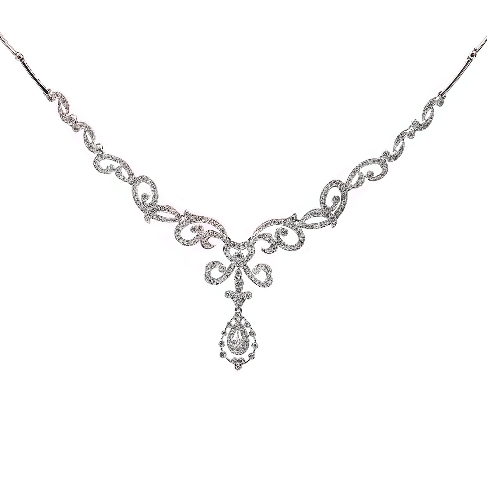 White Gold Floral Design Classic Diamond Necklace. TDW: 1.55ct. VS-SI1. G  14k 17.1gr