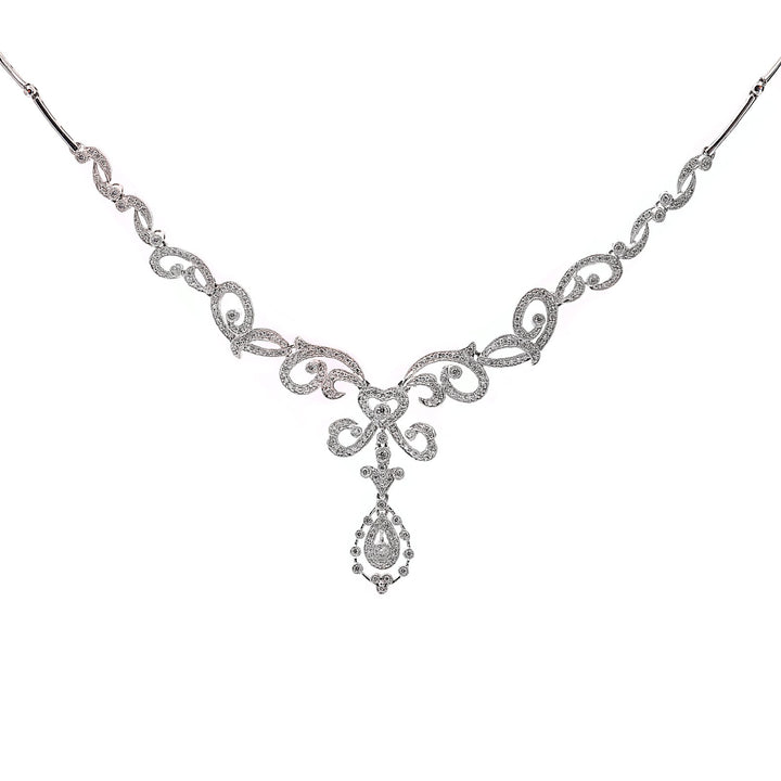 14K White Gold Floral Design Classic Diamond Necklace. TDW: 1.55ct