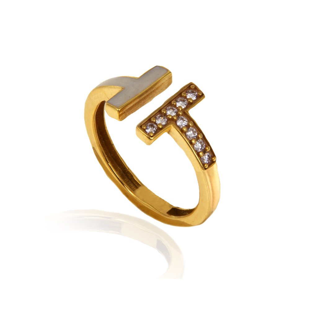 Yellow Gold T Shape White Enamel and CZ Ring 18k 2.96gr