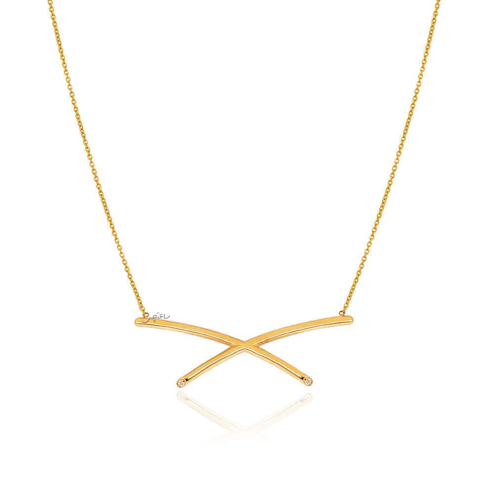 Yellow gold Sleek Crossover Bar Necklace,  18k , 3.5gr