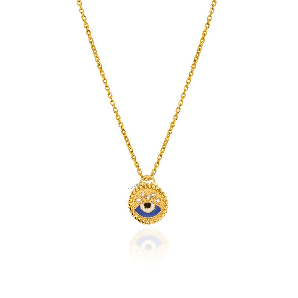 Yellow Gold Enamel Evil Eye and CZ Stars Circle Shape Pendant 18k 1.74gr Chain is not Included.