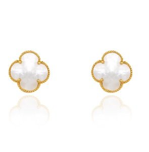 Yellow Gold Mother of Pearl Stud Clover Earring. Total W 4.7 18 K