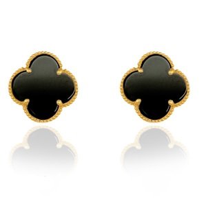 Yellow gold stud earring clover with Onyx 18k weight: 3.26gr