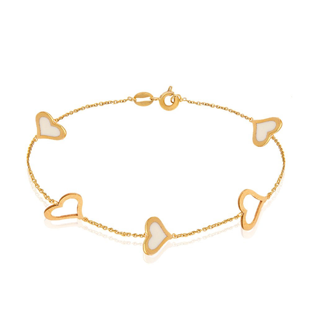 Yellow Gold station Bracelet with heart setting in white enamel 7 to 7 1/2 Inches 18k 3.1gr