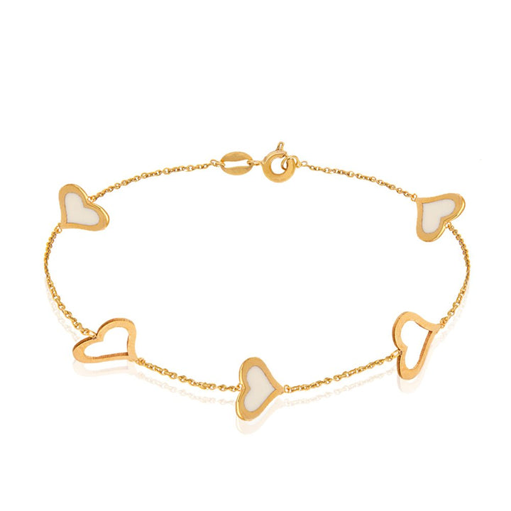 18K Yellow Gold  White Enamel Heart Station Bracelet