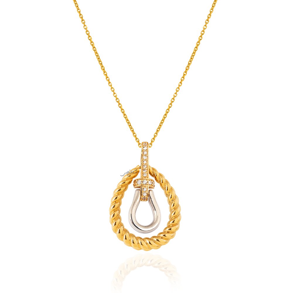 Two-tone Yellow and White Gold Oval Dangling Tear-drop  CZ Pendant and 18k Linked Chain. Chain length: 18 inches 18k 6.4gr
