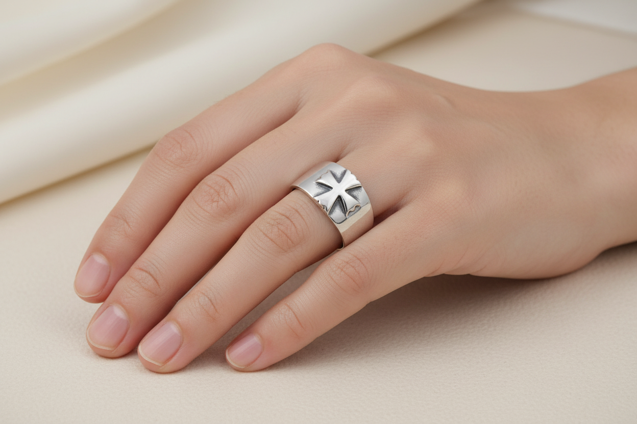 Sterling Silver Wide Band Embossed Cross Ring