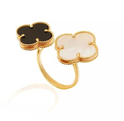 Yellow Gold open ring with two Clover setting with Mother of Pearl and Onyx 18k 5.2gr