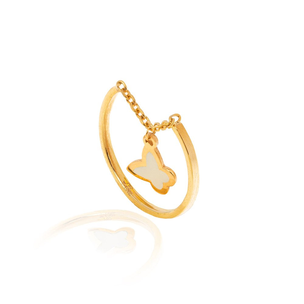 Yellow Gold Ring with one Dangling Butterfly in White Enamel 18k 1.5gr