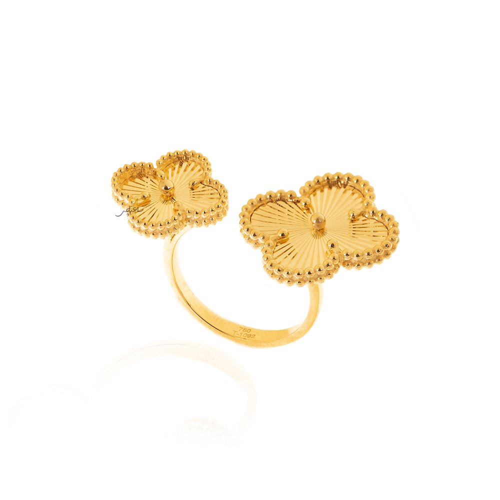 Yellow Gold Open ring with two Clover setting with diamond cut gold 18k 4.83gr