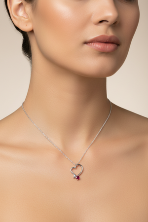 10K White Gold Open Heart Pendant with Ruby & Diamond Accent