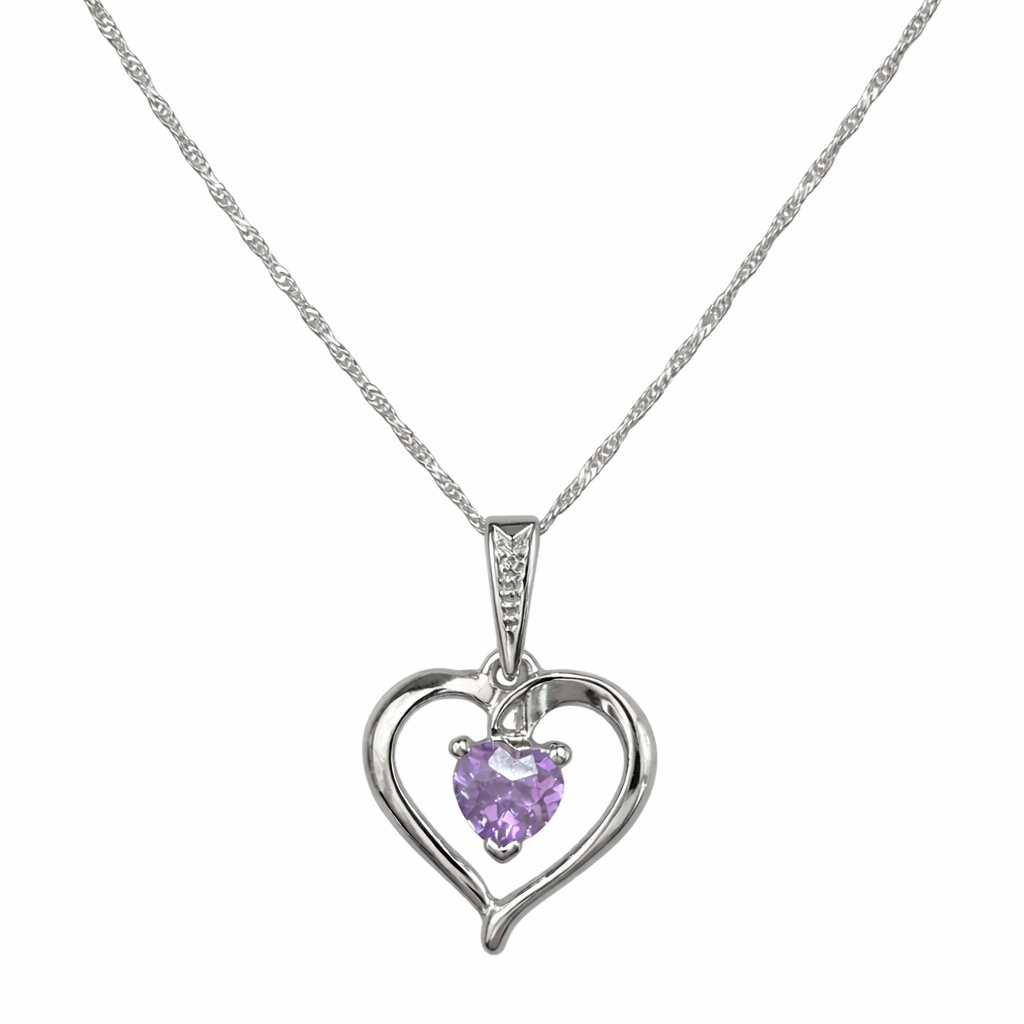 10K White Gold White Gold Open Heart Amethyst Pendant Necklace