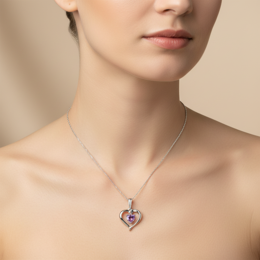10K White Gold White Gold Open Heart Amethyst Pendant Necklace