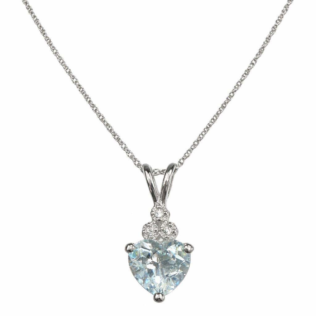 10K White Gold Heart Cut Aquamarine Pendant with Diamond Accent Bail