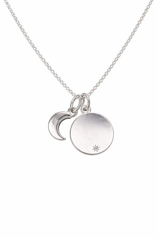 925 Sterling Silver Celestial CZ Moon & Star Disc Necklace