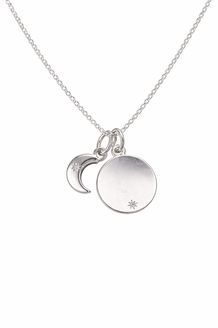 925 Sterling Silver Celestial CZ Moon & Star Disc Necklace