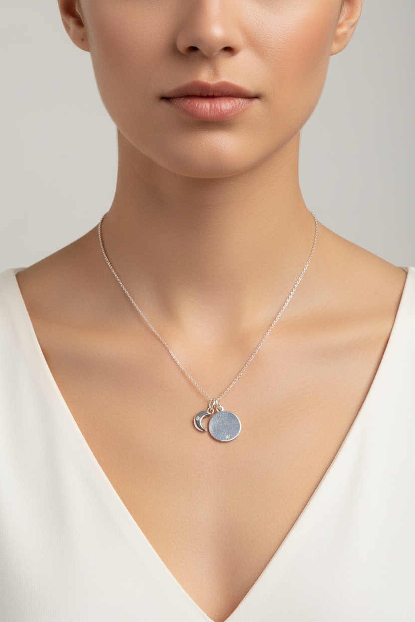 925 Sterling Silver Celestial CZ Moon & Star Disc Necklace