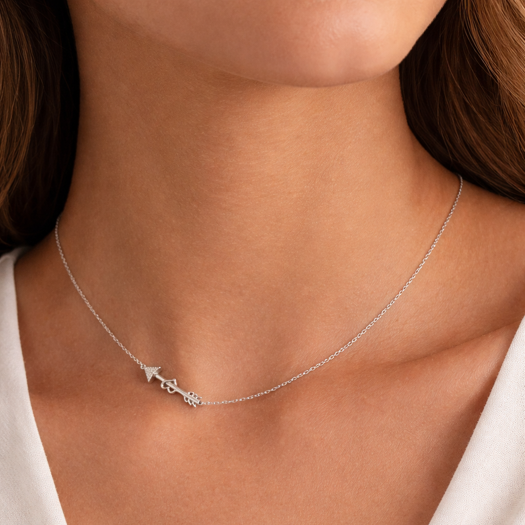 925 Sterling Silver Diamond Sideways Arrow Necklace