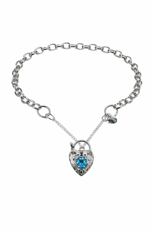 925 Sterling Silver Belcher Padlock Bracelet with Filigree Heart & Blue Topaz