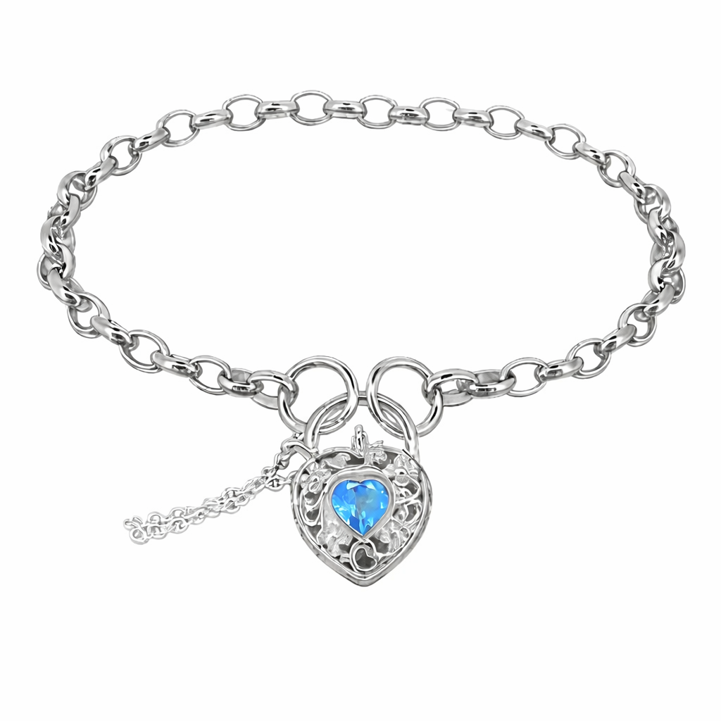 925 Sterling Silver Belcher Padlock Bracelet with Filigree Heart & Blue Topaz