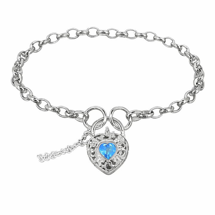 925 Sterling Silver Belcher Padlock Bracelet with Filigree Heart & Blue Topaz