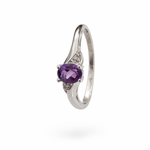 10K White Gold Oval Amethyst Bypass with Diamond Accents Ring