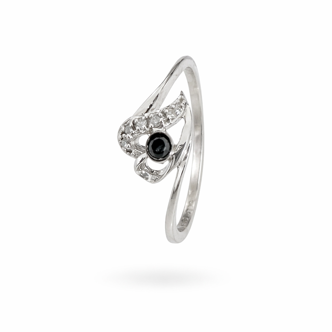 10K White Gold Open Heart with Diamond Accents & Black CZ Ring