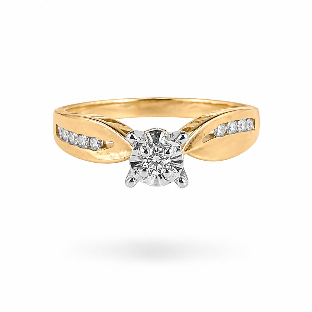 10K Yellow Gold Bypass Diamond Solitaire Ring with Diamond Accents