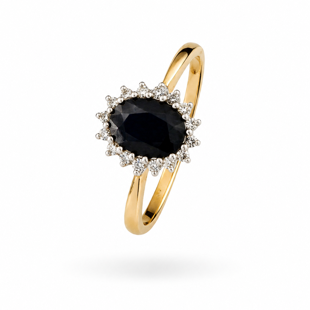 10K Yellow Gold Oval Sapphire Halo Ring with Diamond Accents