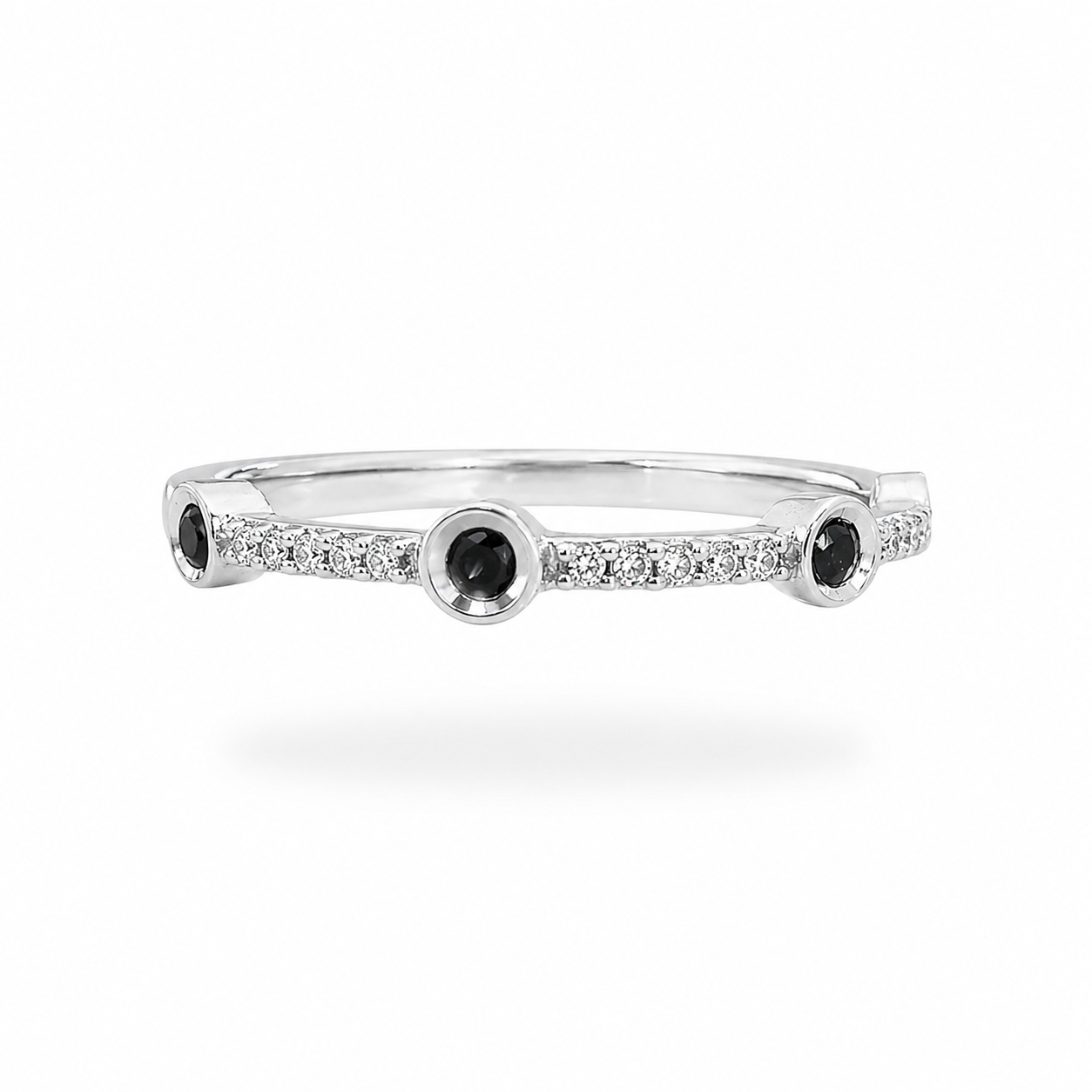 10K White Gold Bezel Sapphire & Diamond Station Ring