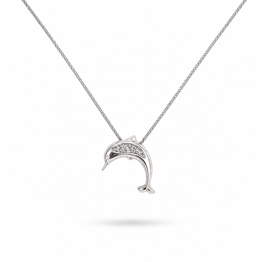 14k White Gold Diamond Dolphin Pendant Necklace