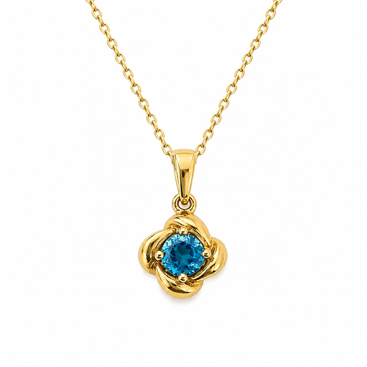 10K Yellow Gold Blue Topaz Four-Petal Flower Pendant