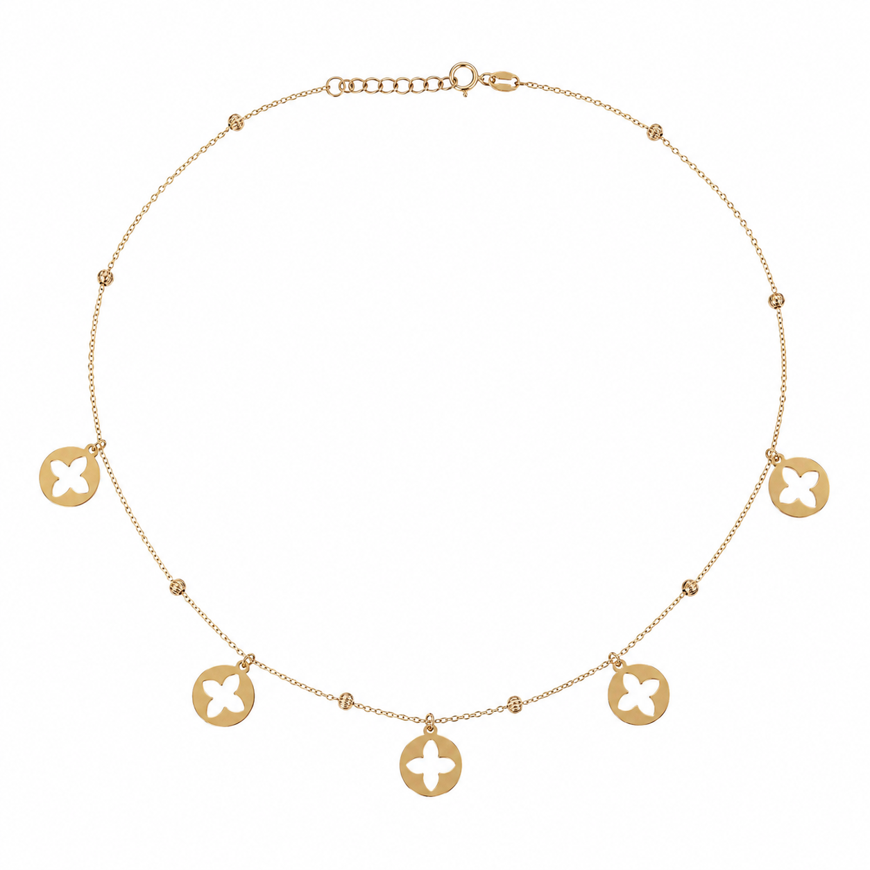 18K Yellow Gold Flower Cutout Disc Charm Necklace