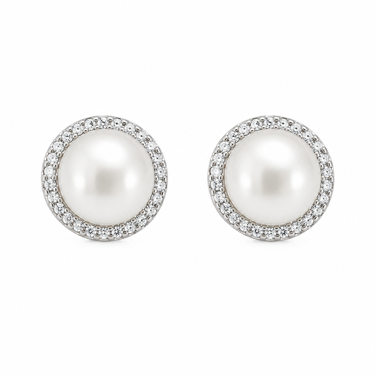 925 Sterling Silver Freshwater Pearl Stud Earrings CZ Halo