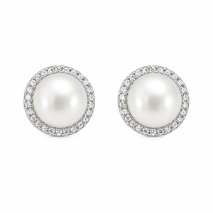 925 Sterling Silver Freshwater Pearl Stud Earrings CZ Halo