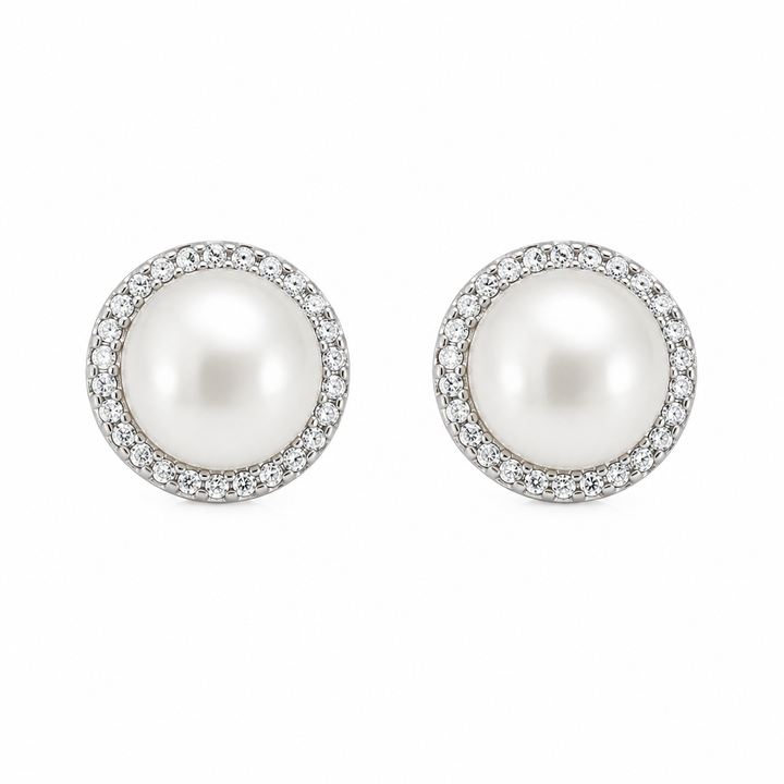 925 Sterling Silver Freshwater Pearl Stud Earrings CZ Halo