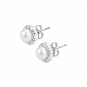 925 Sterling Silver Freshwater Pearl Stud Earrings CZ Halo