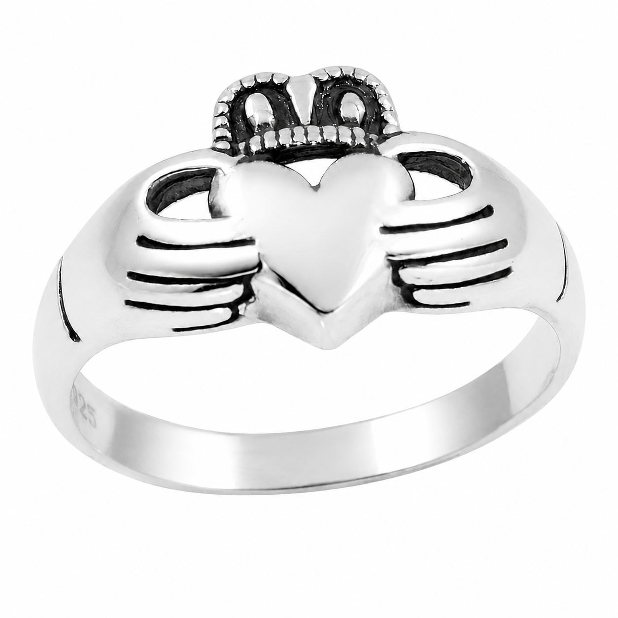 925 Sterling Silver High Polished Claddagh Ring