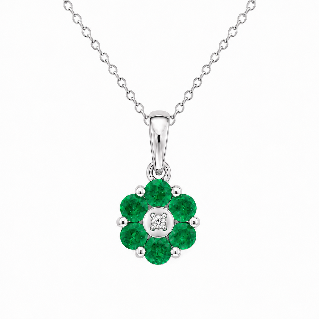 10K White Gold Emerald Flower Cluster Pendant 15mm