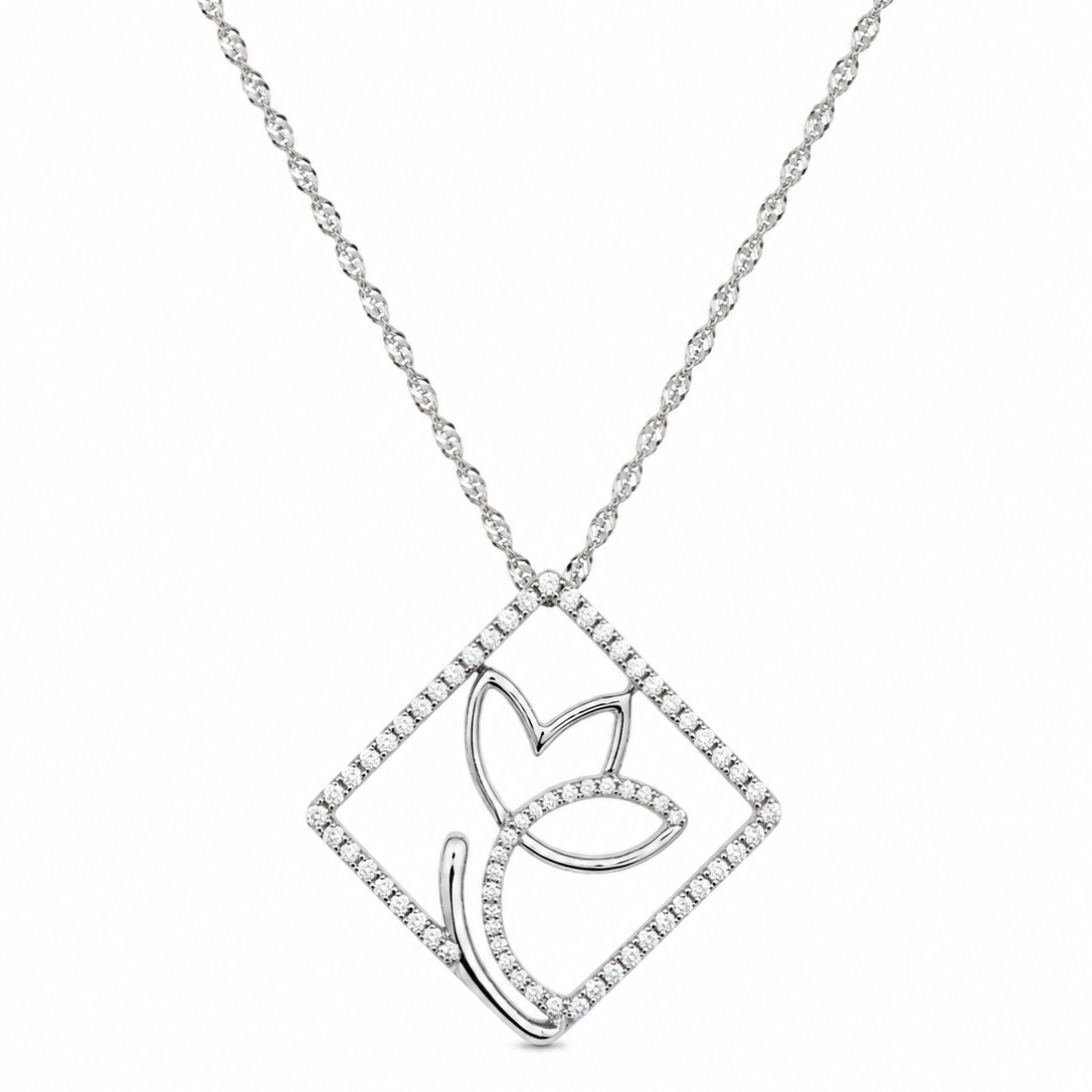 18K White Gold CZ Openwork Tulip Pendant Necklace