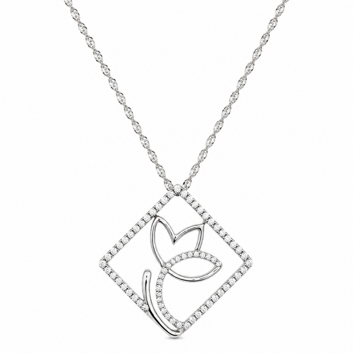 18K White Gold CZ Openwork Tulip Pendant Necklace
