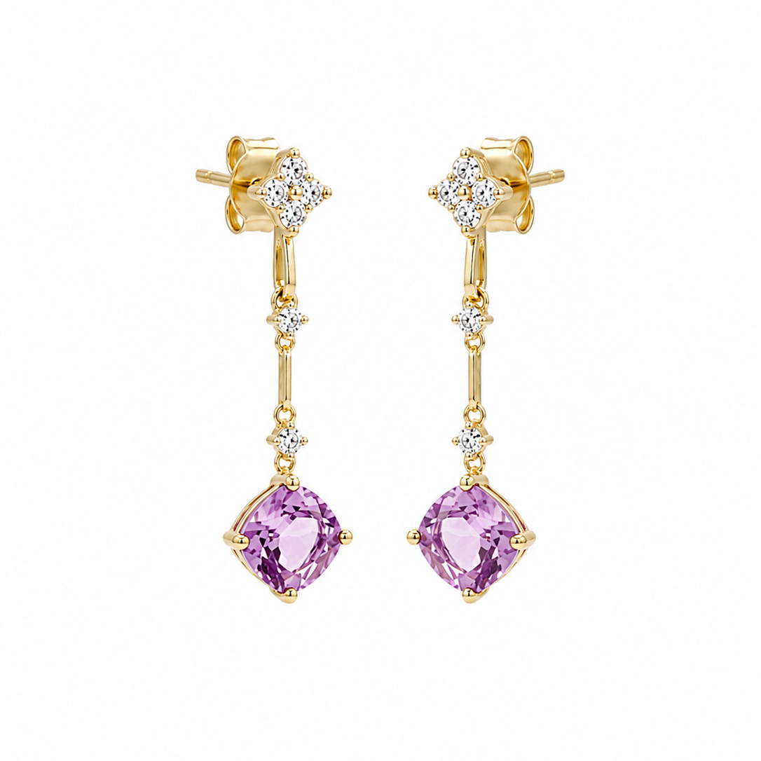 14K Yellow Gold Cushion Amethyst & CZ Floral Dangle Earrings